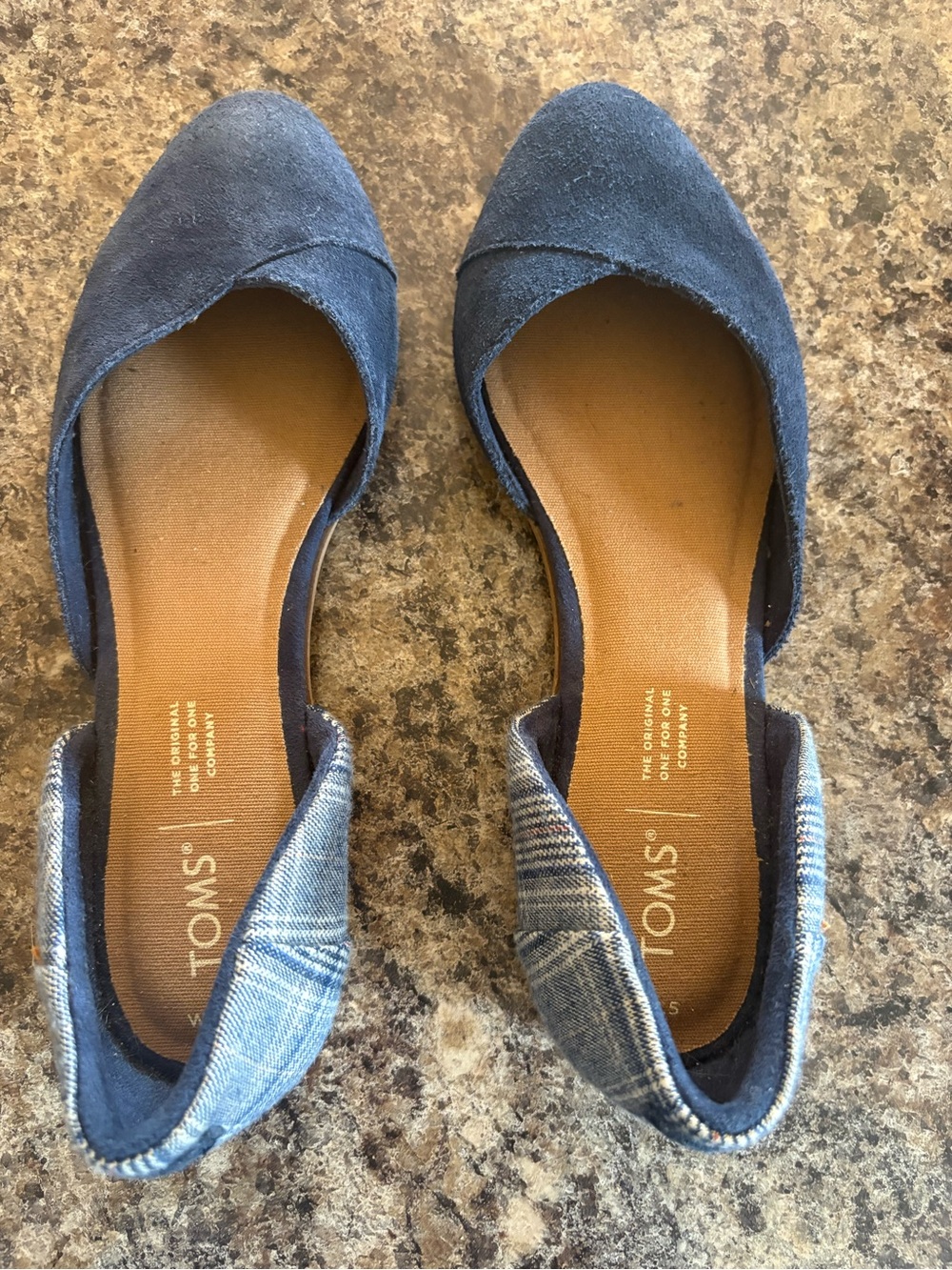 TOMS Navy Suede D'Orsay Flats with Plaid Heel Detail